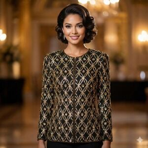 Stenay Jacket Womens S Silk Black Gold Beaded Sequin Showgirl New Year 80s VTG